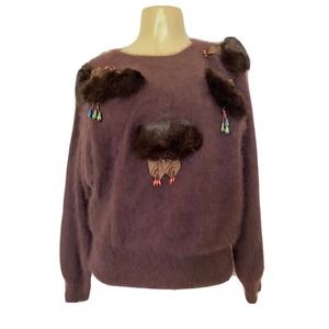 SHANNAN Angora Knit Sweater Mink Pullover Long Sleeve Brown Crew Neck M